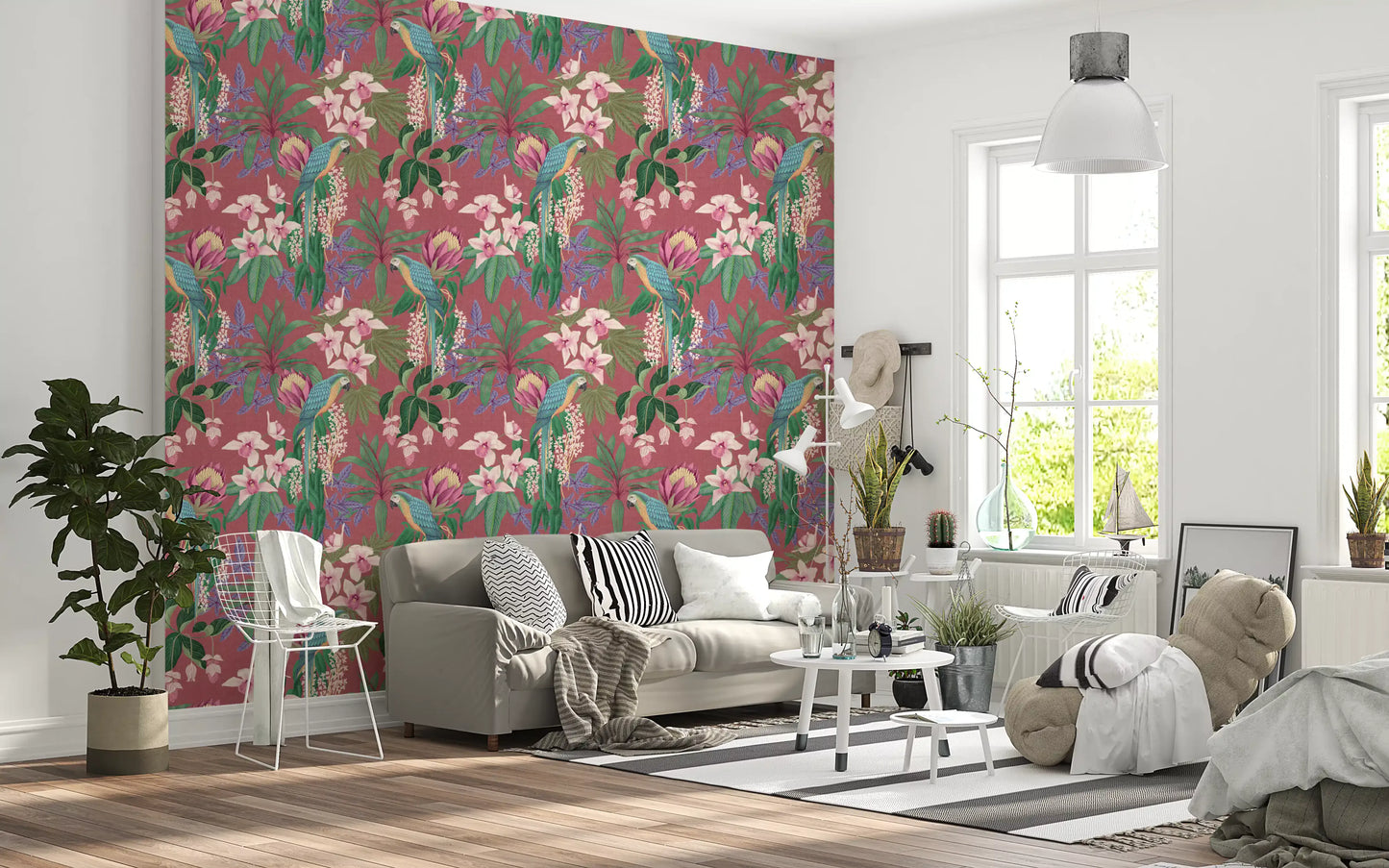 Orchid Bloom wallpaper showing macaws, pink flowers, and tropical leaves