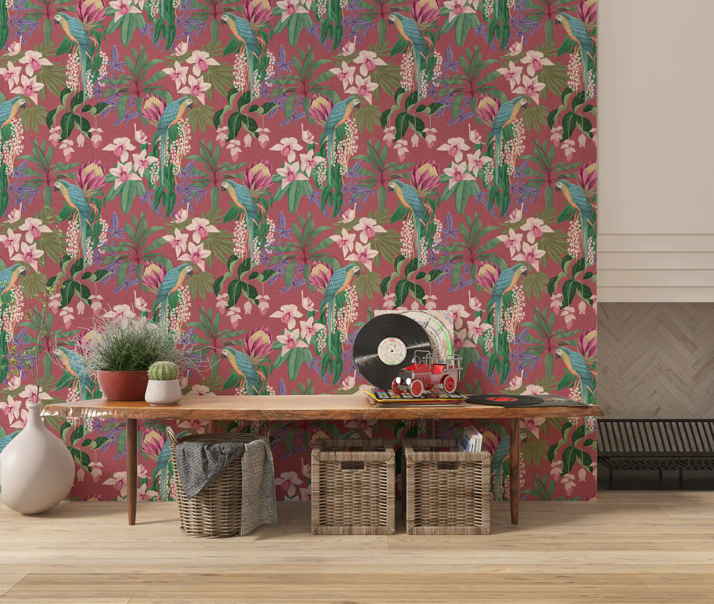 Home Pink Tropical wallpaper featuring Macaw birds and orchids