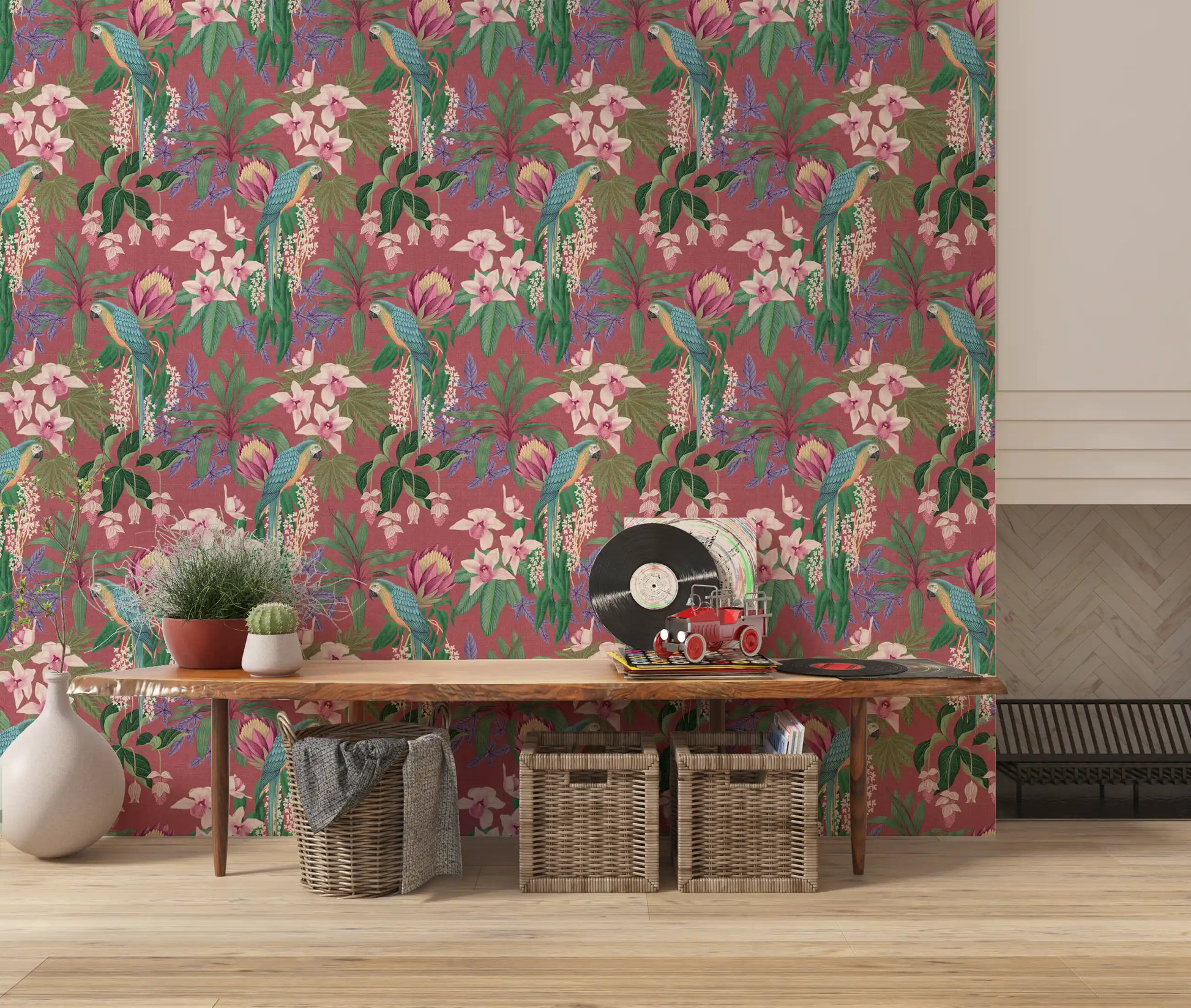 Home Pink Tropical wallpaper featuring Macaw birds and orchids