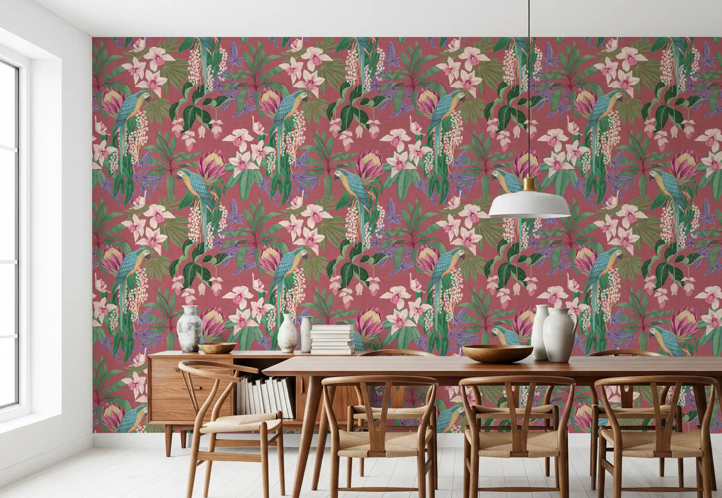 Dining room Tropical Orchid wallpaper with Macaw Bloom and pink jungle detail