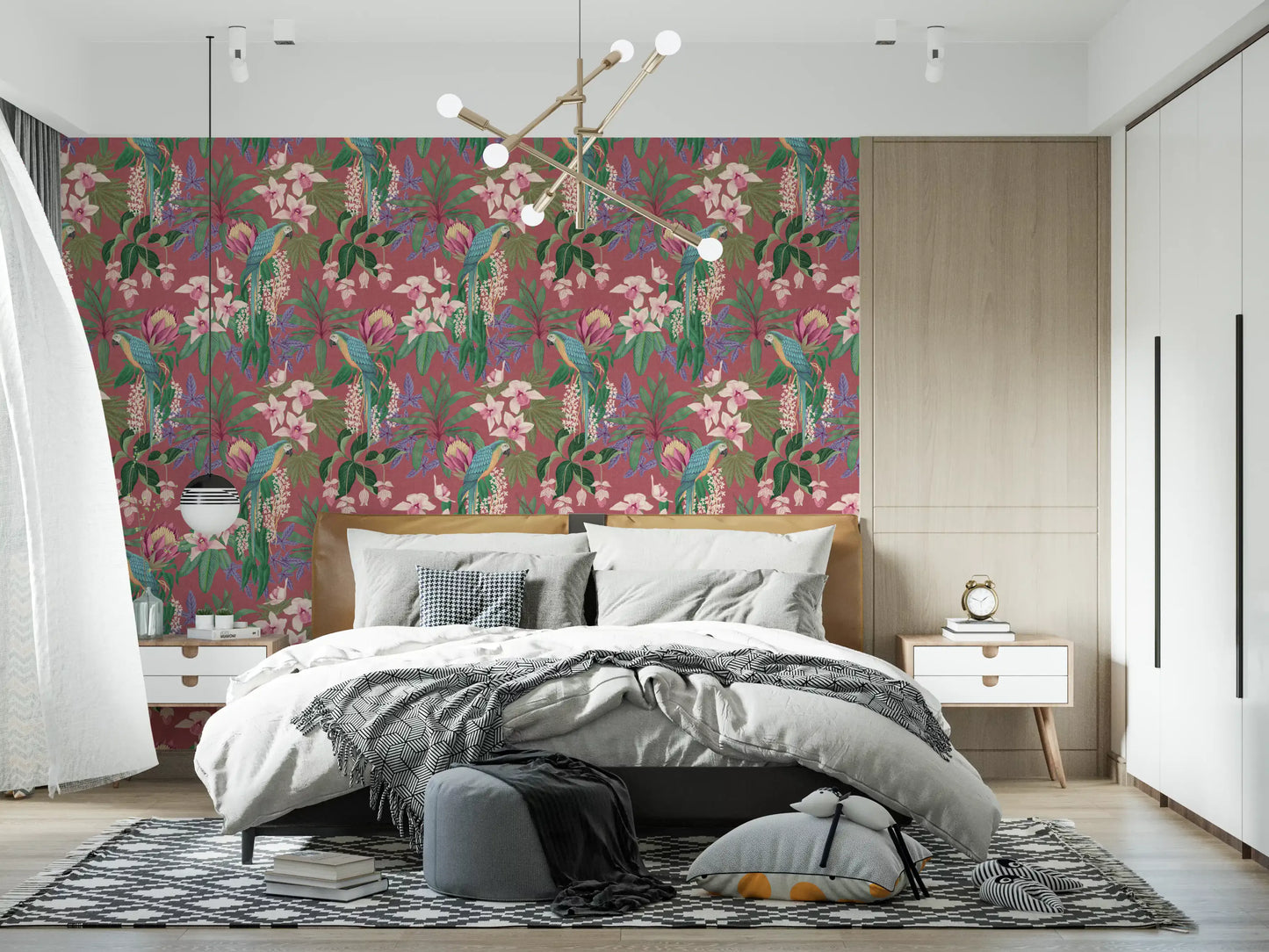 Macaw wallpaper with orchid petals, teal feathers, and rose-pink background