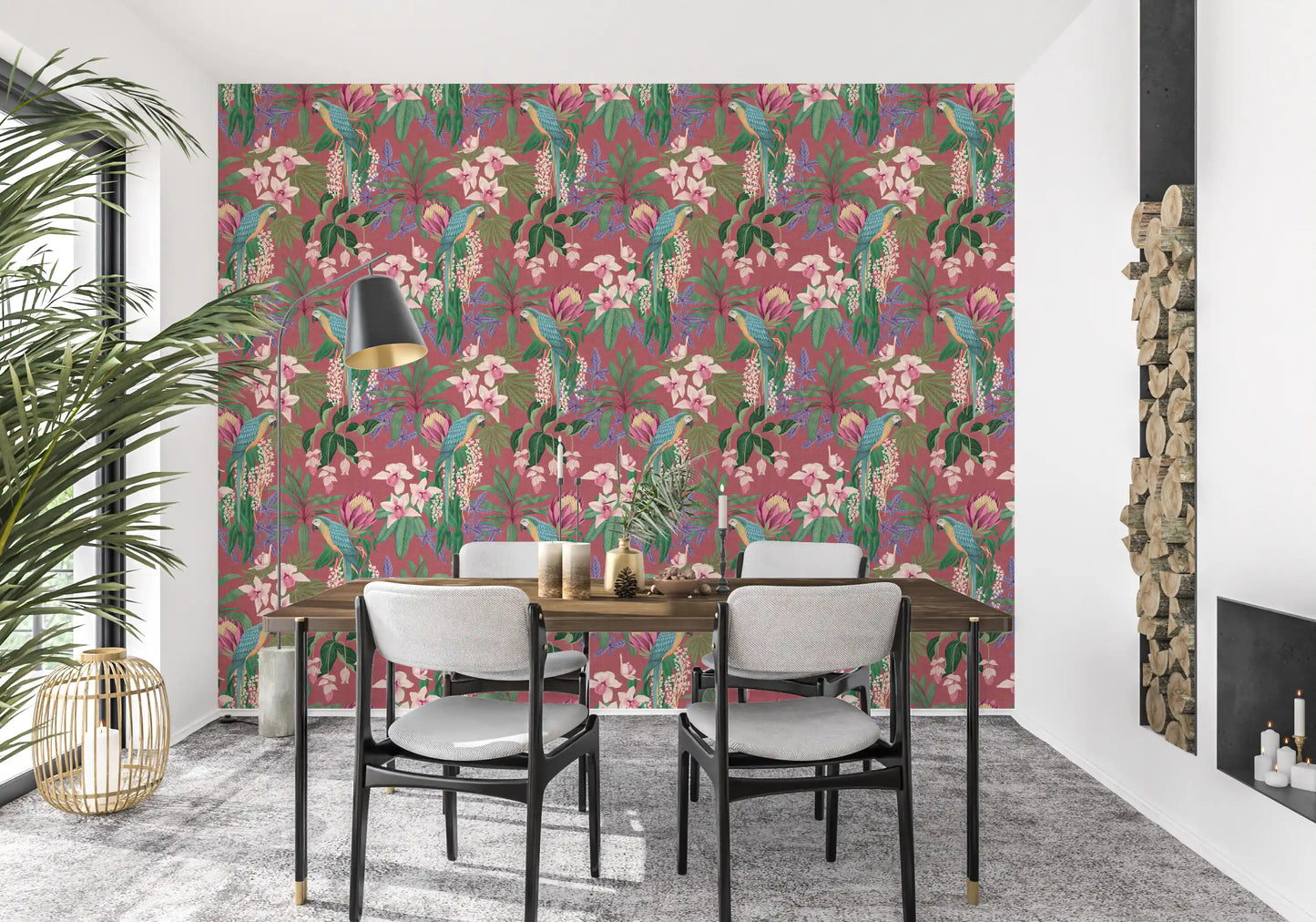 Pink orchid wallpaper with macaw artwork and bold botanical leaf shapes