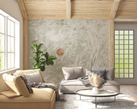 Hallway Serene Japanese wall mural with Oriental Botanical and Red Moon