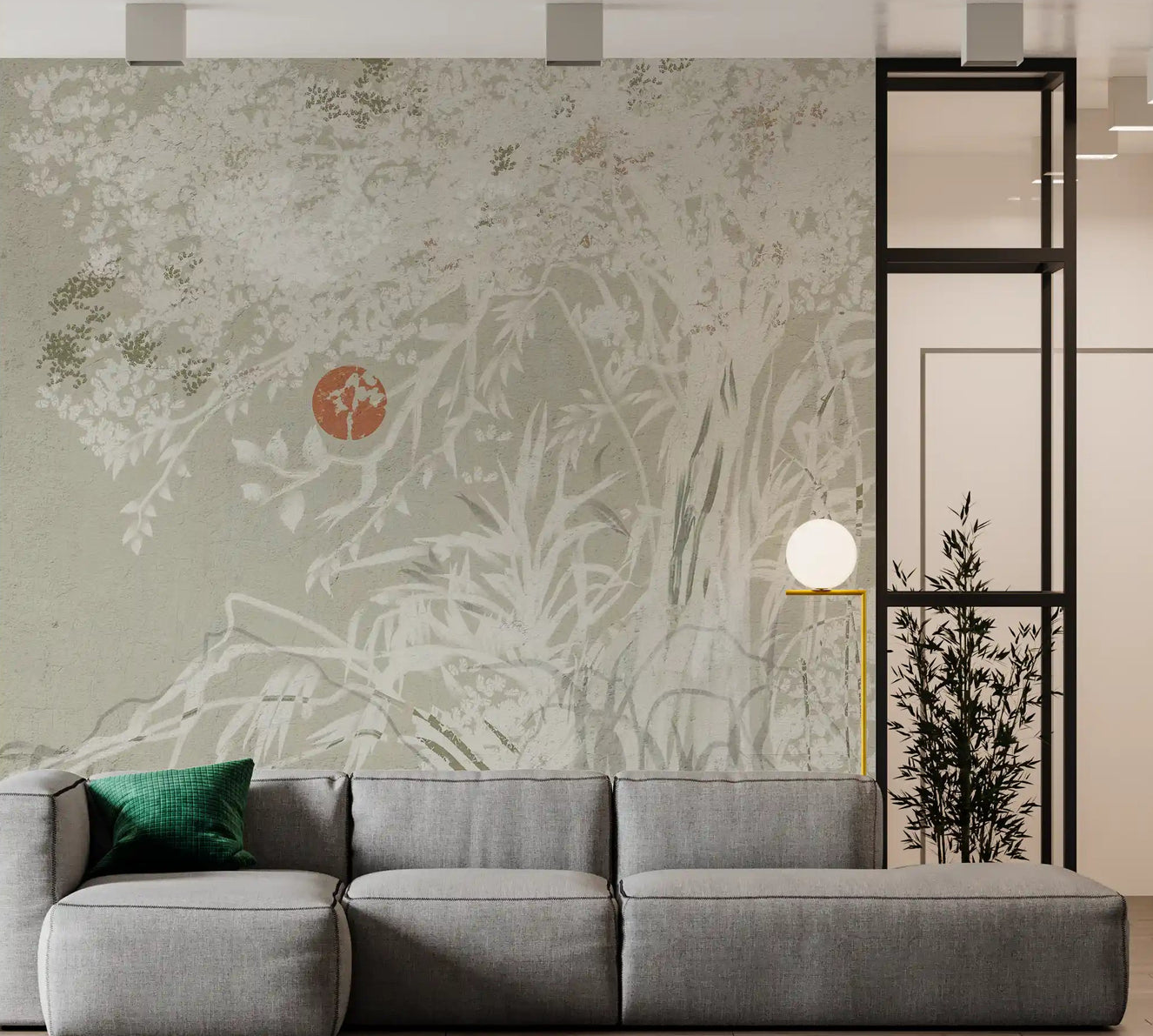 Living room Serene Japanese mural with Red Moon and Oriental Landscape