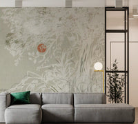 Living room Serene Japanese mural with Red Moon and Oriental Landscape