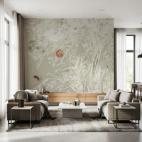 Living room Red Moon Landscape mural featuring Japanese Botanical artwork