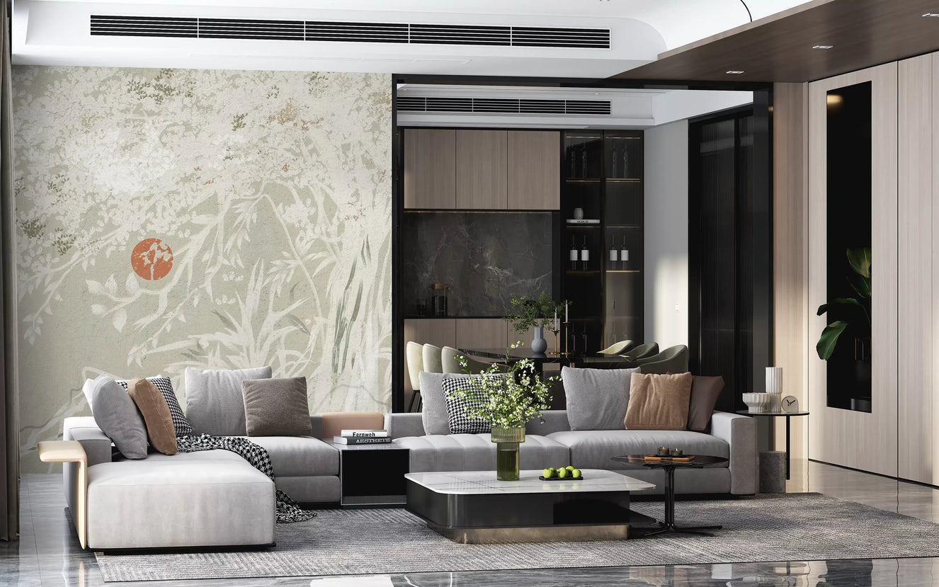 Serene Japanese Oriental Botanical Landscape With Red Moon  Wall Mural
