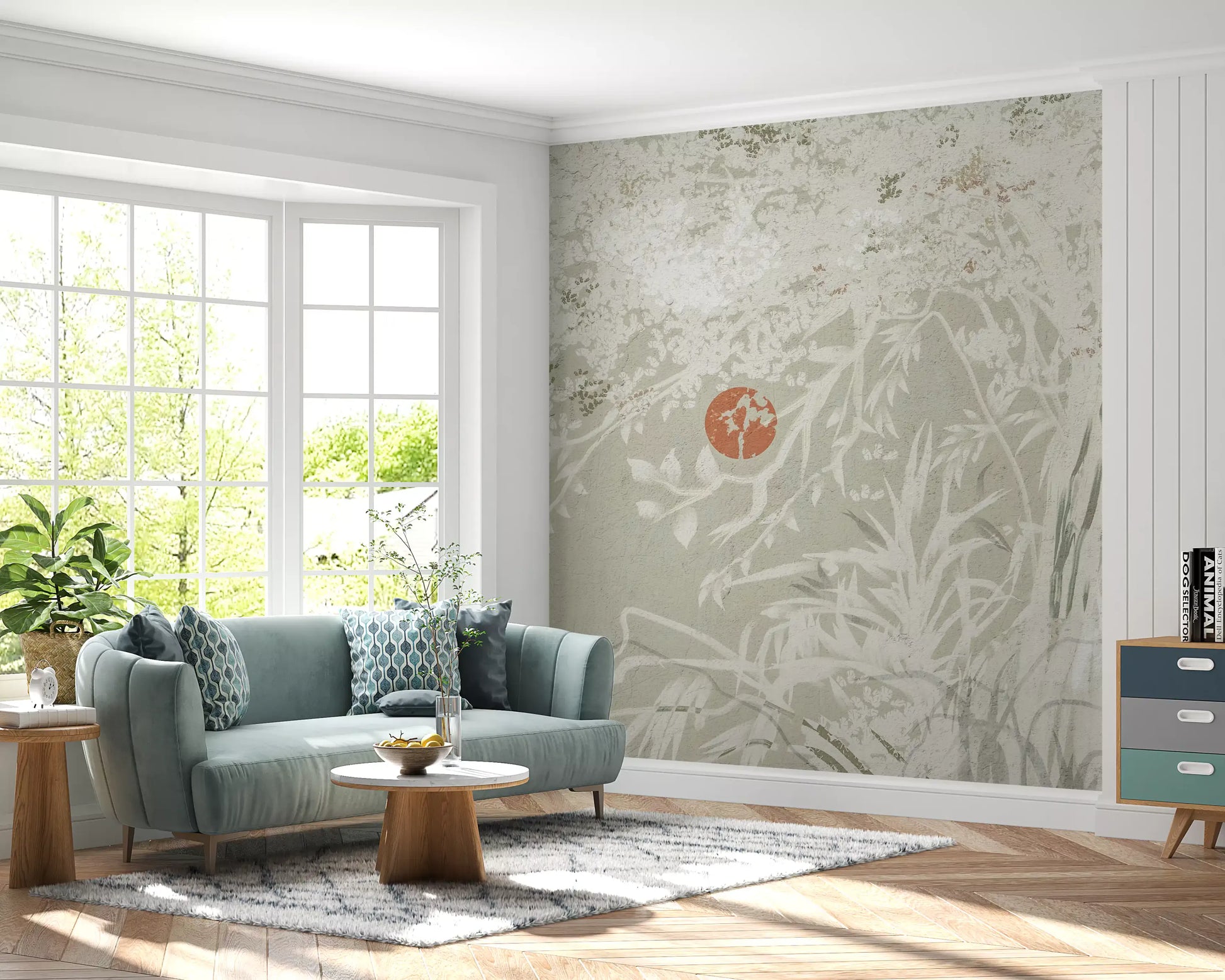 Oriental Botanical mural showing pale foliage and a warm Red Moon accent