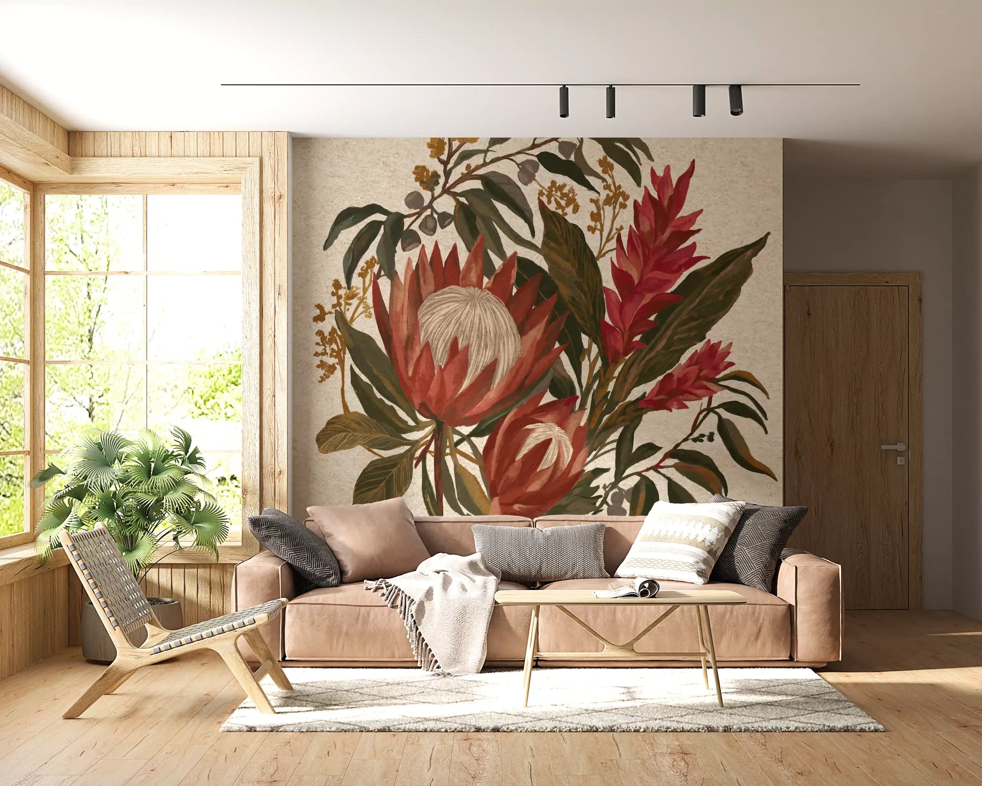 Living room Exotic Earth Blooms mural with Hawaiian Ginger and Protea