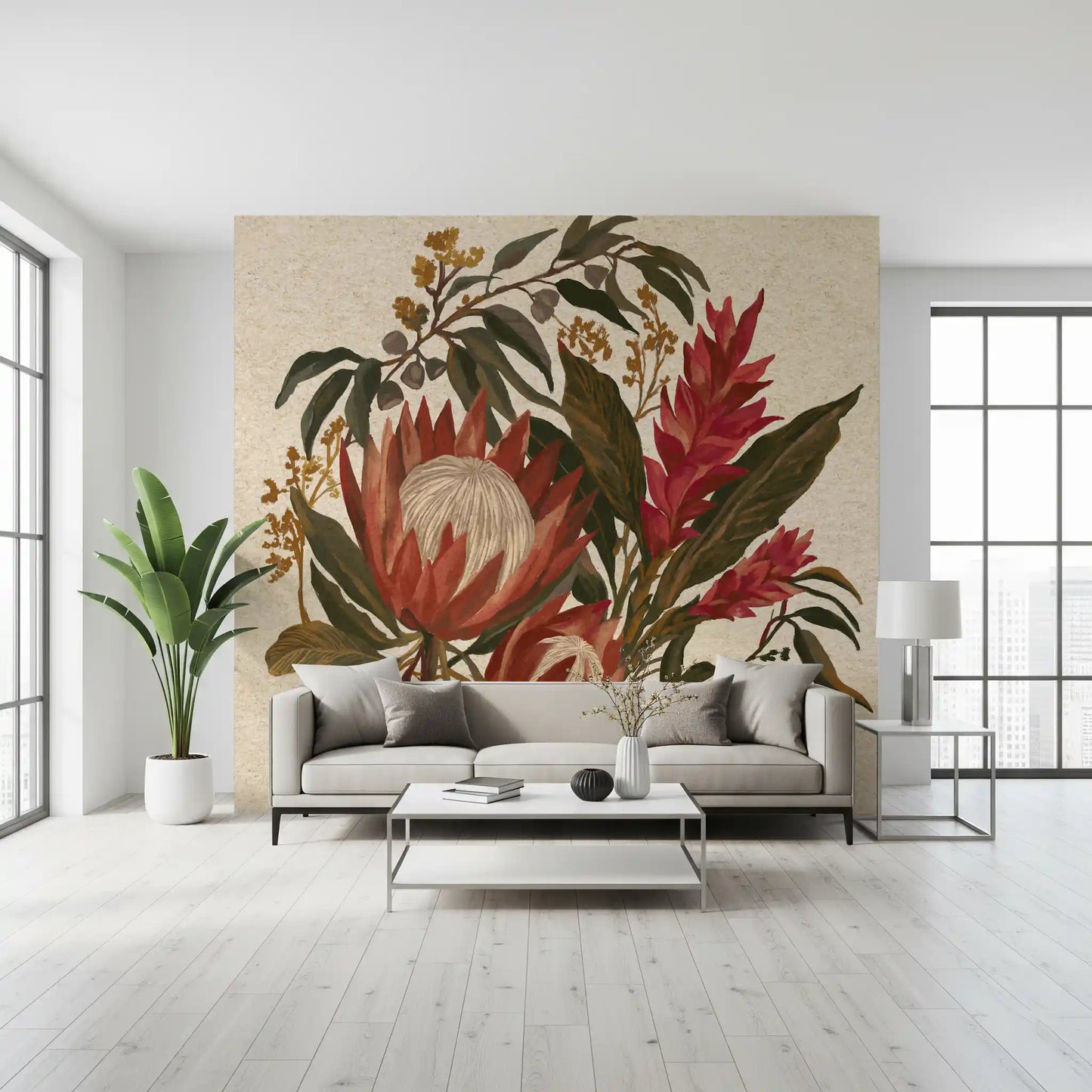 Exotic Earth Blooms wall mural with Protea Flowers and ginger bouquet