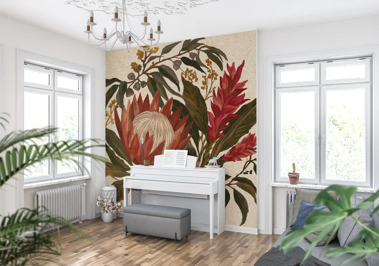 Hallway Hawaiian Ginger mural with Exotic Blooms and Protea botanicals