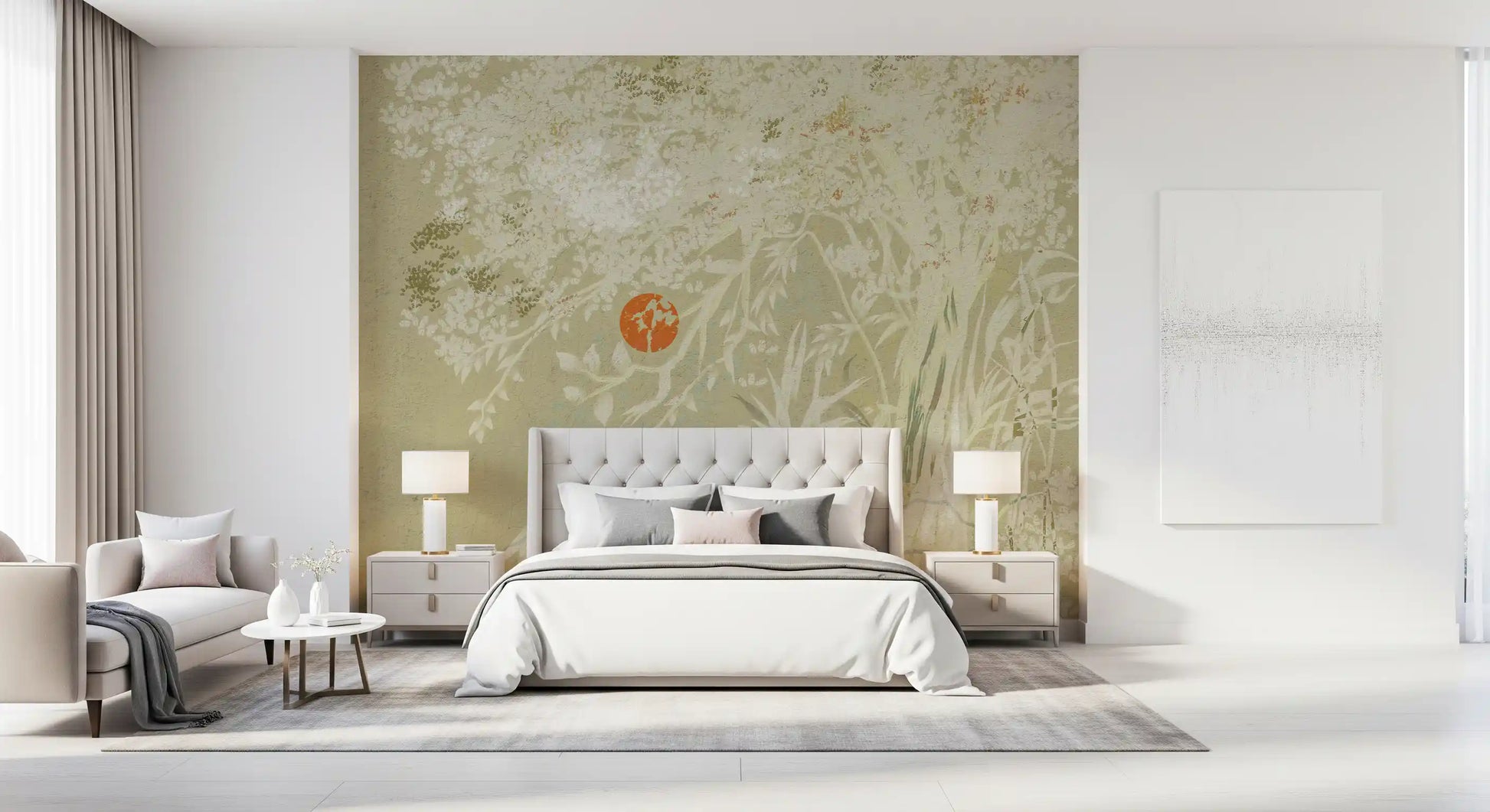 Bedroom Japandi Style Landscape mural with Zen Botanical foliage