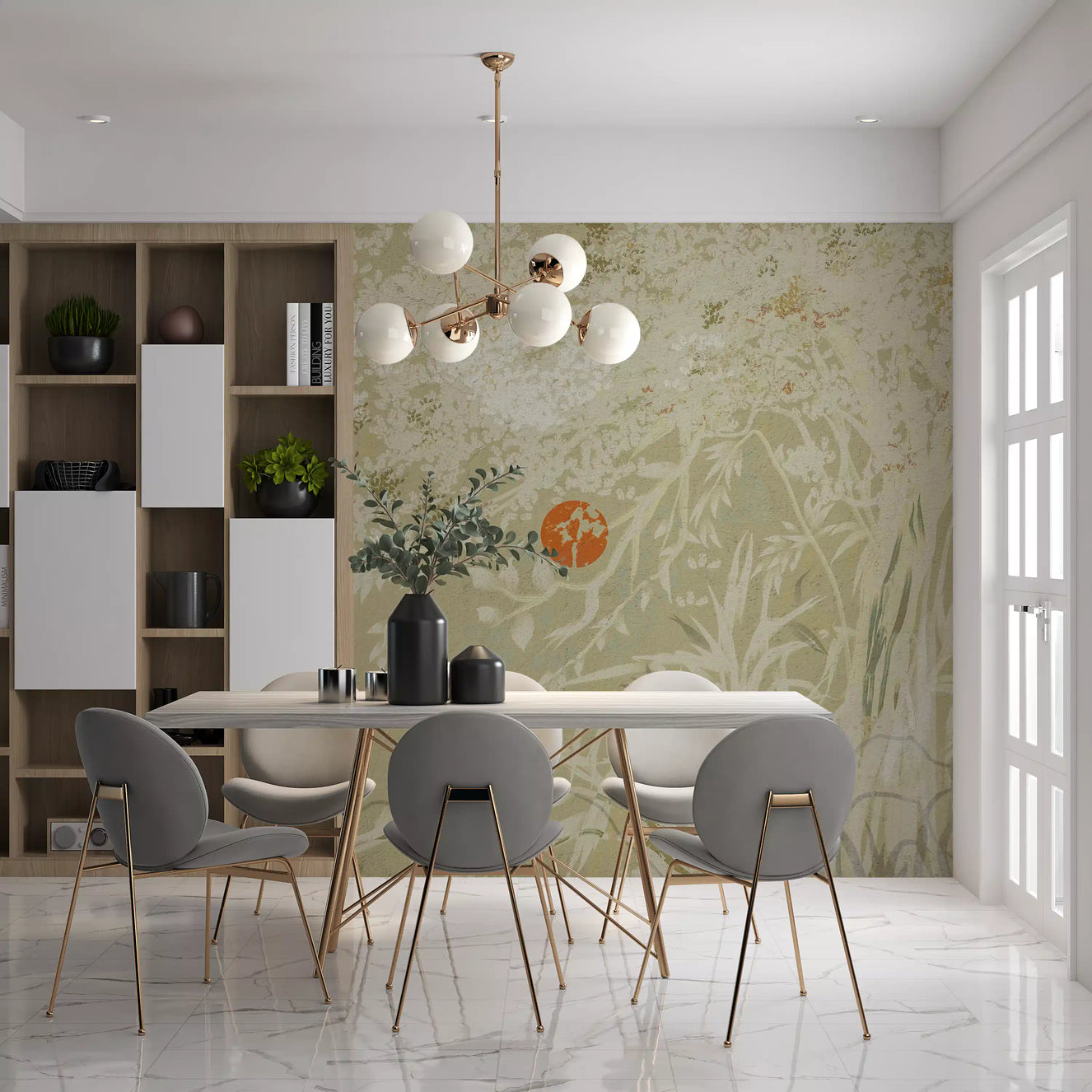 Zen Japanese Botanical Sunrise Japandi style Landscape with weathered White  Wall Mural