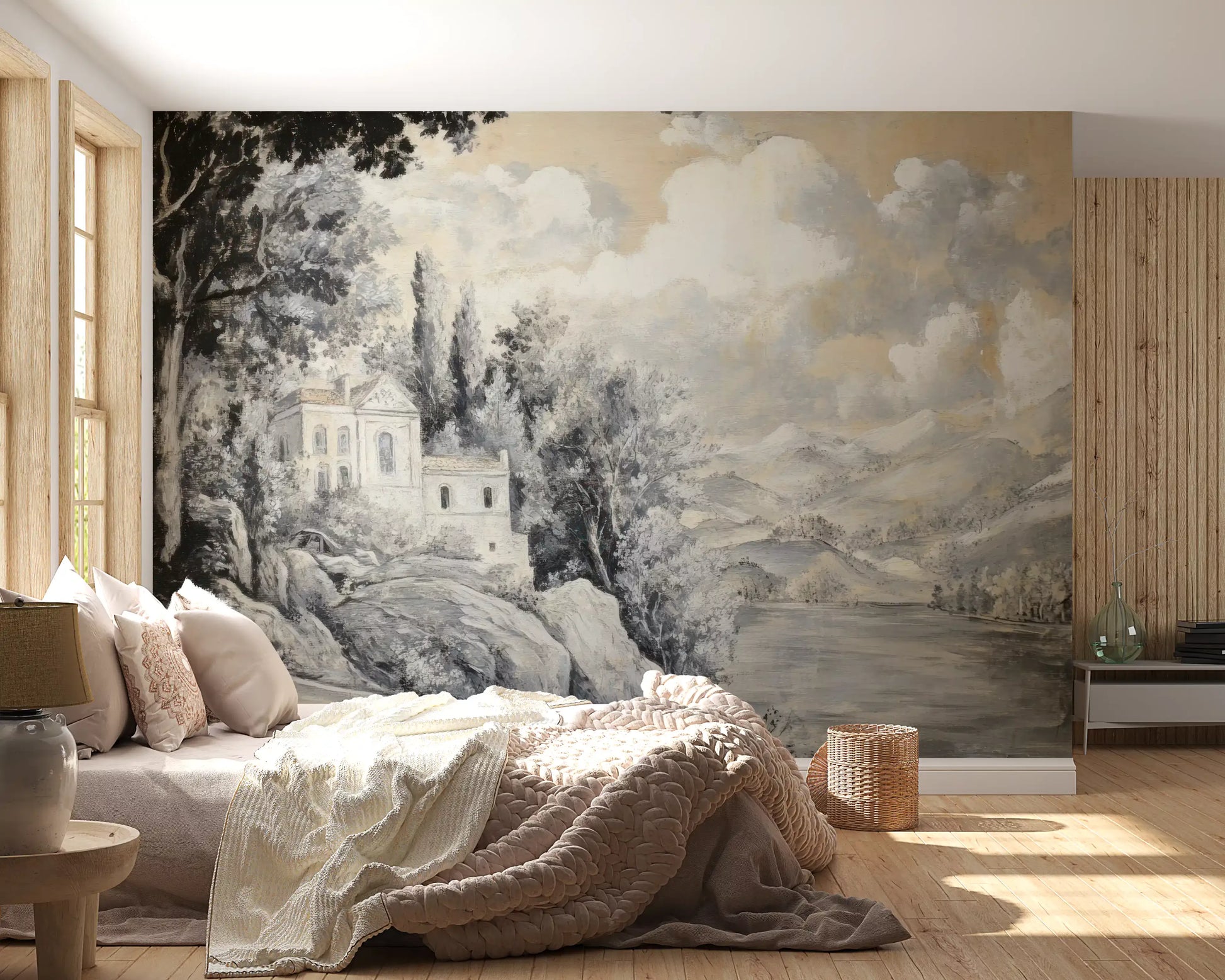 Bedroom Classic Lakeside Vista mural with neutral tones and architectural detail