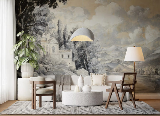 Hallway Classic Lakeside Vista wall mural with hills, lake, and villa scene