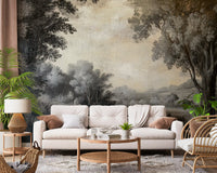 Hallway wall mural showing Lakeside Vista scenery with misty forest detail