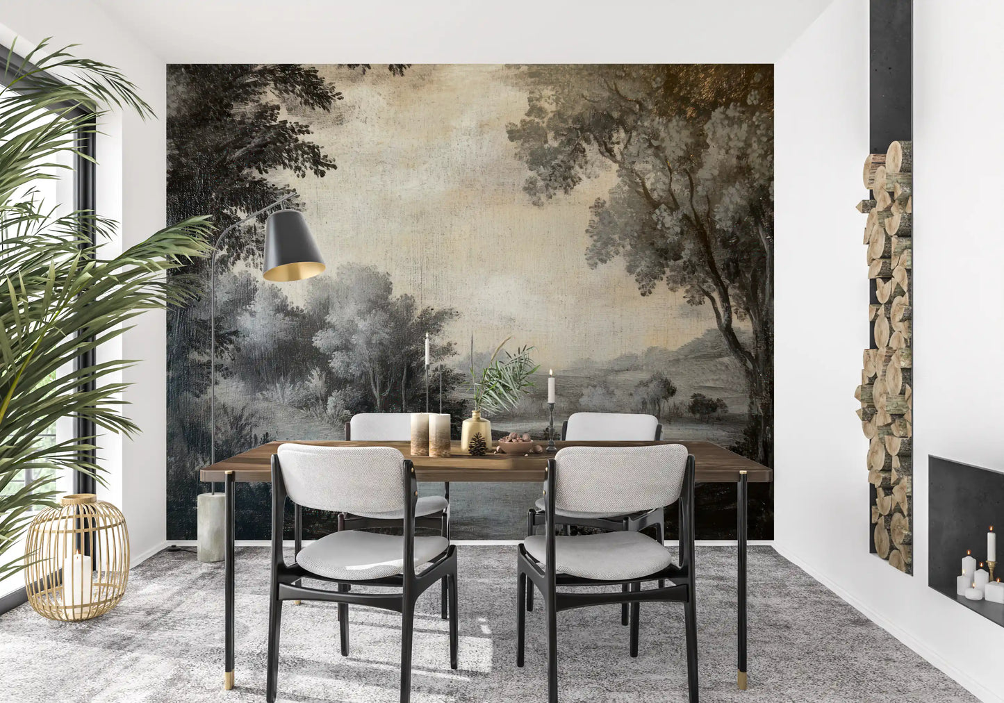 Monochrome Lakeside Vista Wall Mural with soft trees and still lake detail