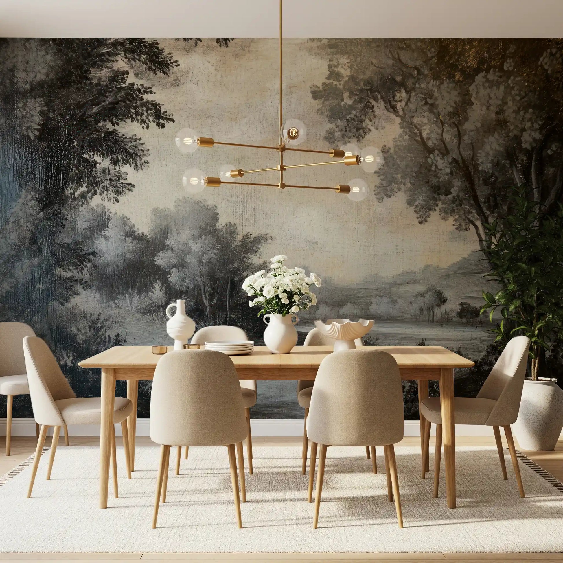 Monochrome wall mural with shaded woodland edges and quiet water scenery