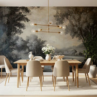 Monochrome wall mural with shaded woodland edges and quiet water scenery
