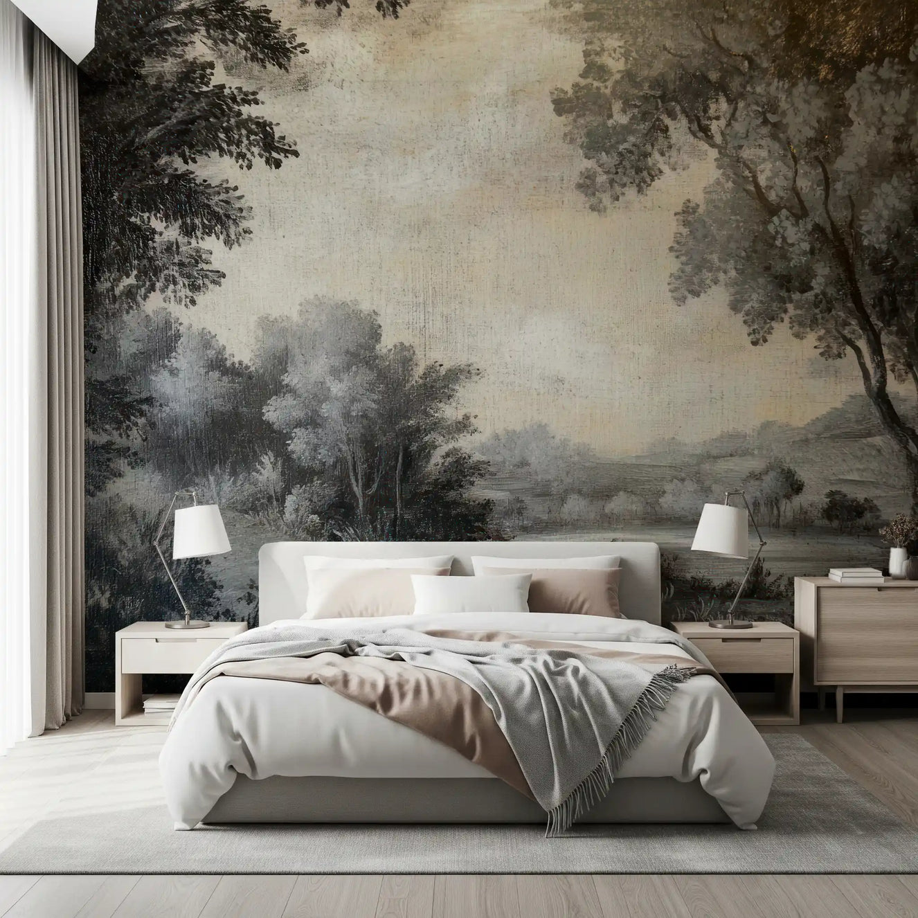 Monochrome Lakeside Vista Wall Mural