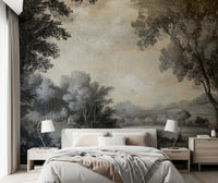 Bedroom wall mural with Monochrome Lakeside Vista trees and calm water