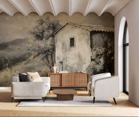 Rustic wall mural showing old house detail, dry grasses, and neutral depth