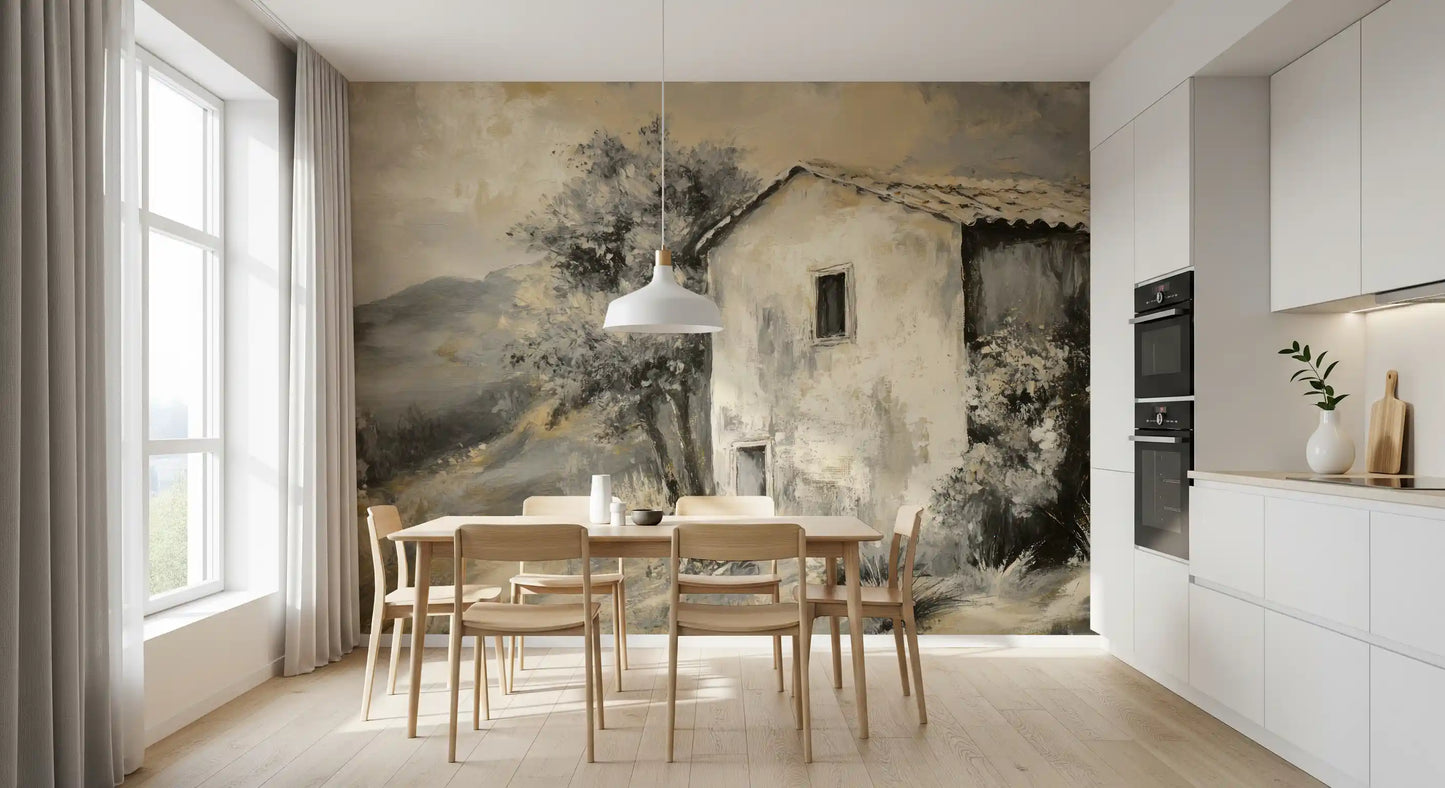 Painterly cottage mural featuring sepia tones and aged countryside detail