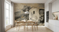 Painterly cottage mural featuring sepia tones and aged countryside detail