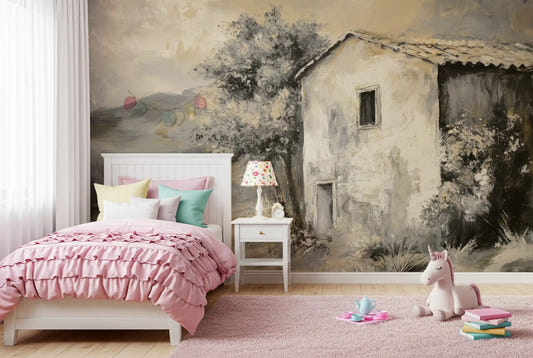 Bedroom wall showing Painterly Landscape Wall Mural with aged rural house