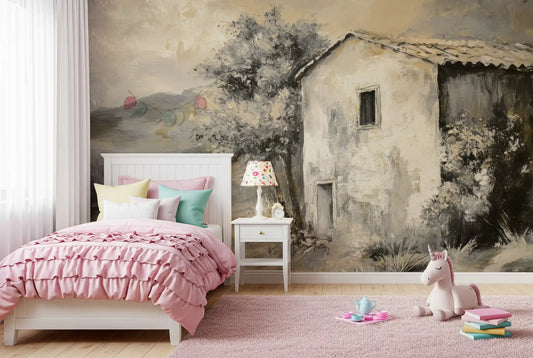 Bedroom wall showing Painterly Landscape Wall Mural with aged rural house