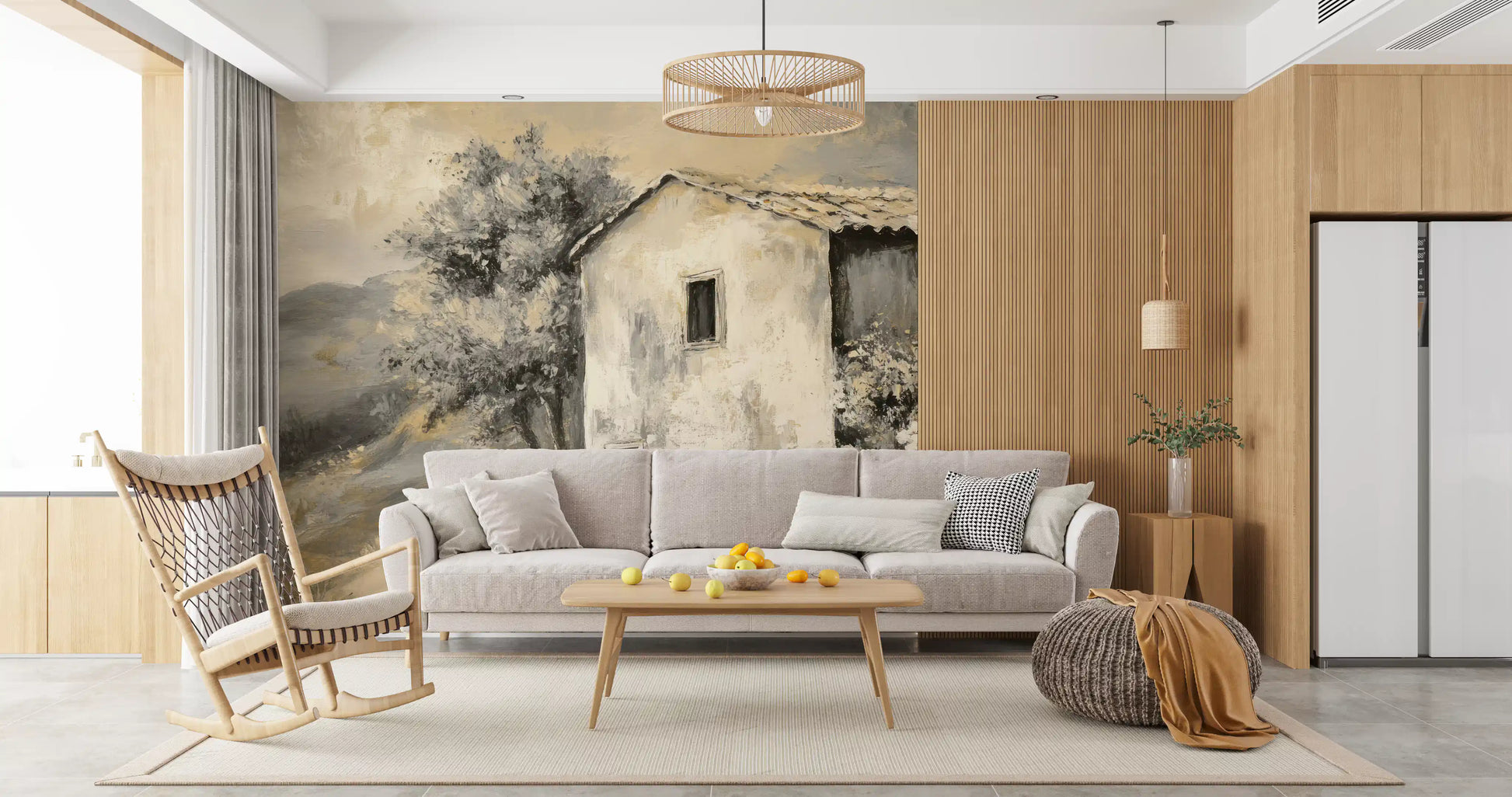 Living room using Painterly Retreat mural with weathered building artwork