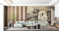 Living room with rustic cottage mural and quiet pathway landscape detail