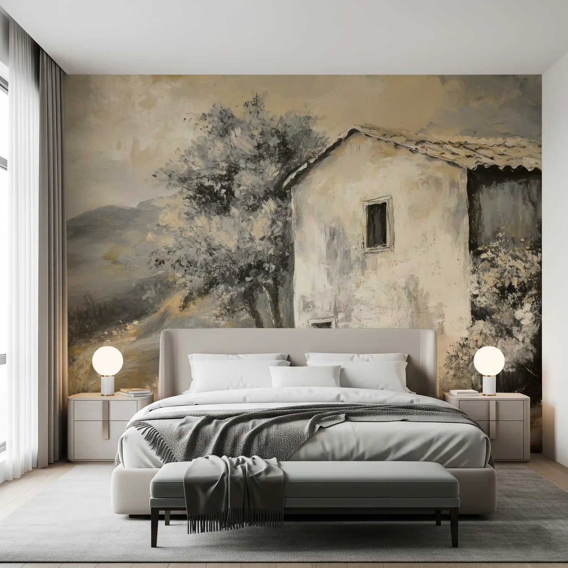 Cottage landscape mural with muted brush texture and soft rural scenery