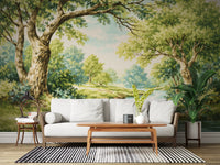 Hallway wall showing woodland creek mural with aqua water and leafy trees