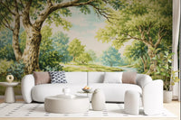 Lush woodland mural with shaded trunks and open streamside scenery
