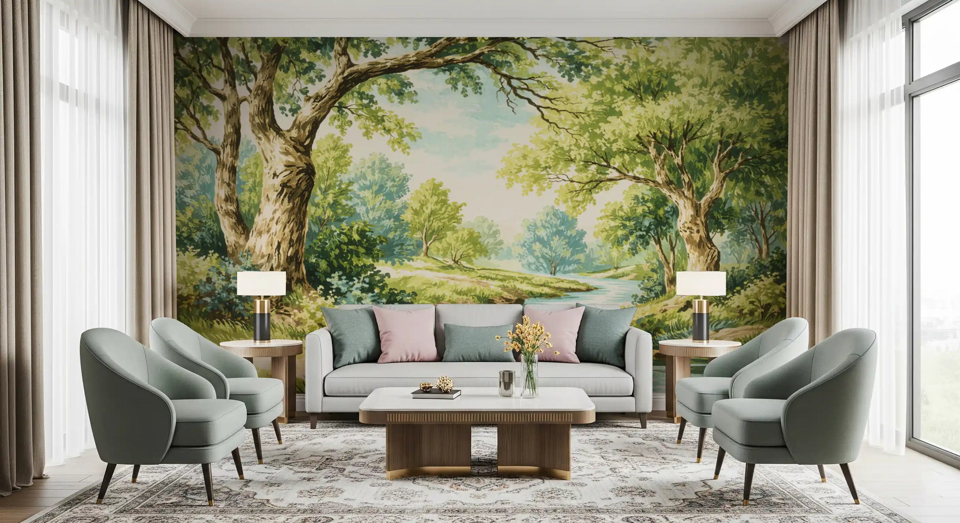 Enchanted Woodland Stream Wall Mural with clear creek and bright foliage