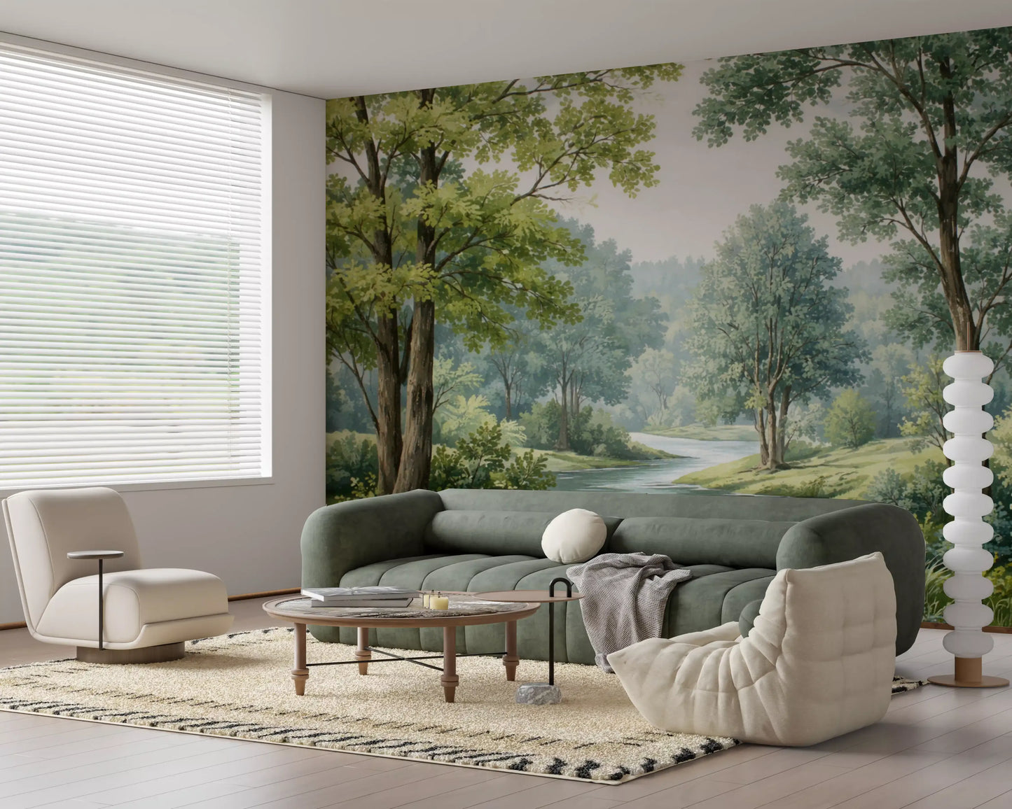 Office room wall mural using forest river mural and layered trees