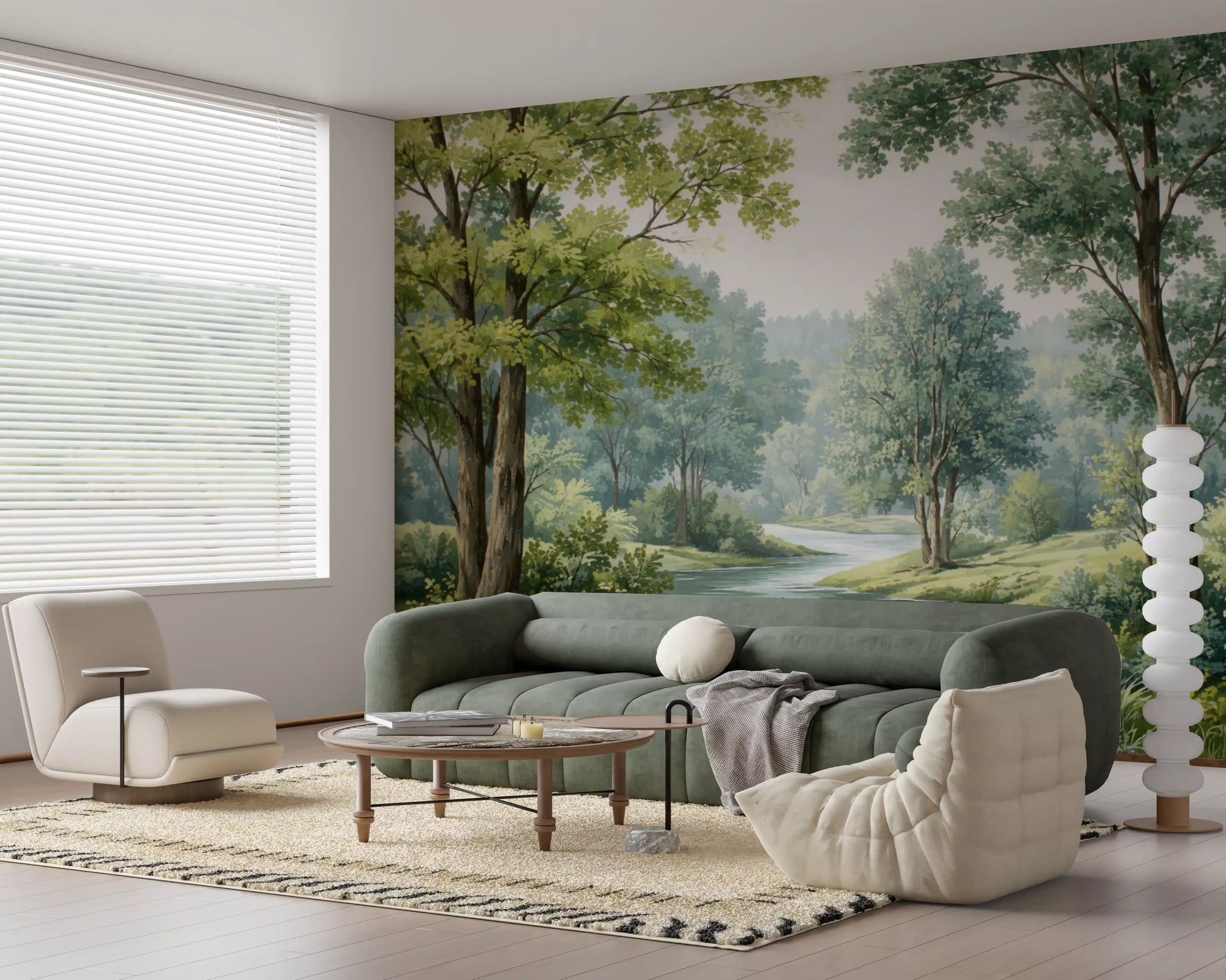 Office room wall mural using forest river mural and layered trees