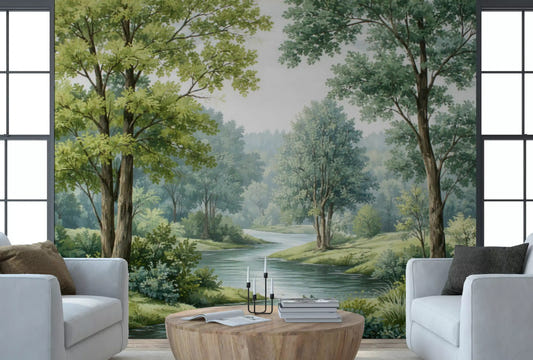 Living room wall mural with Forest River Serenity and soft woodland scenery