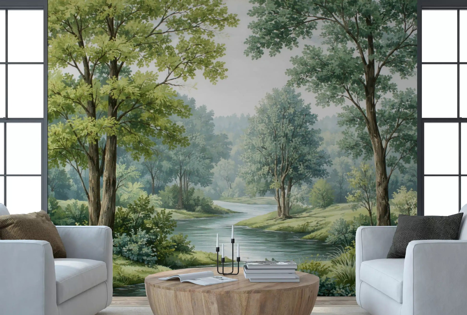 Living room wall mural with Forest River Serenity and soft woodland scenery