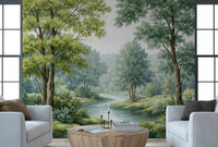 Living room wall mural with Forest River Serenity and soft woodland scenery