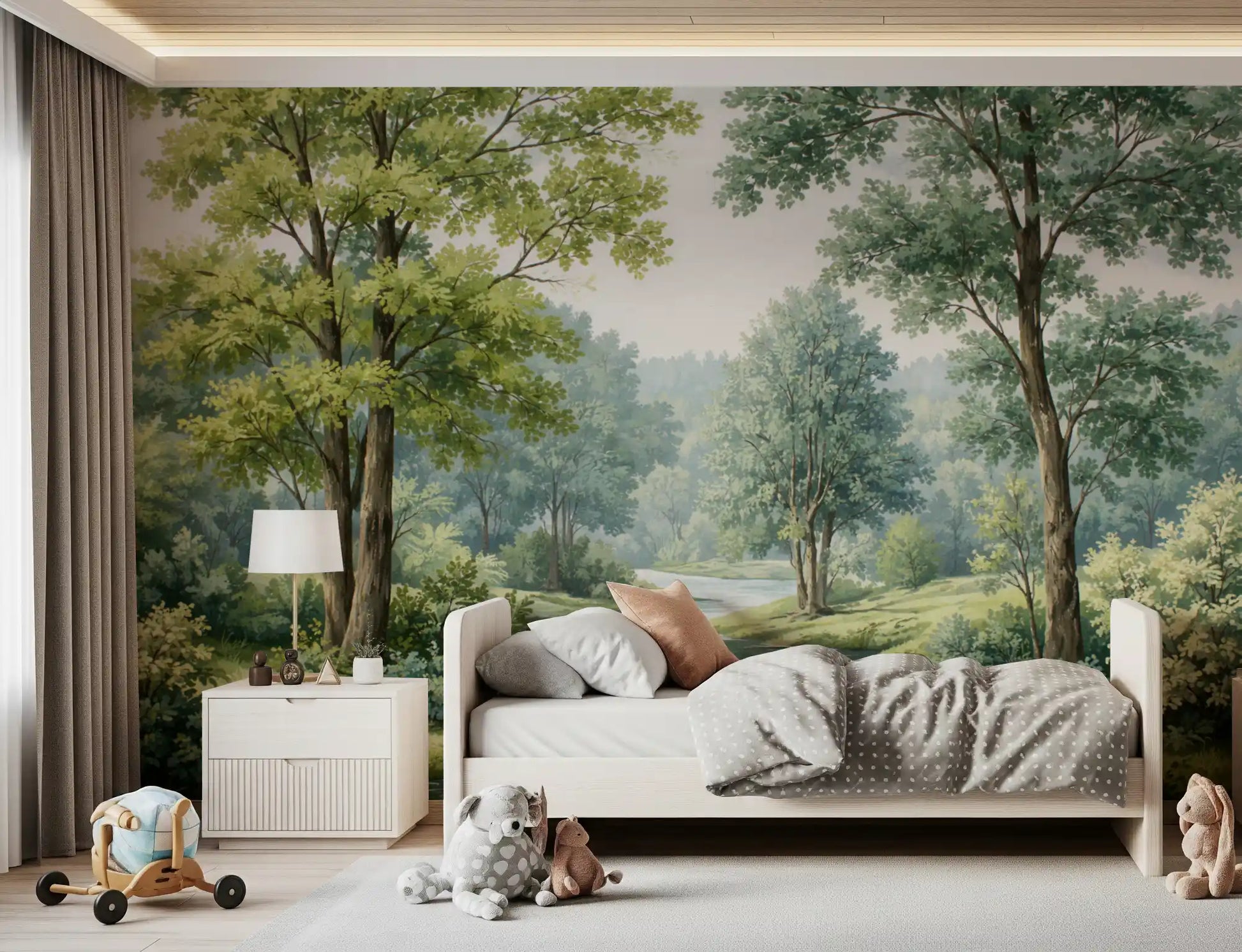 Forest river wall mural with soft blue-green water and shaded tree cover