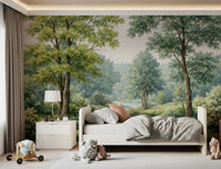 Forest river wall mural with soft blue-green water and shaded tree cover