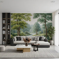 Wall mural showing woodland greenery and a quiet river through the scene