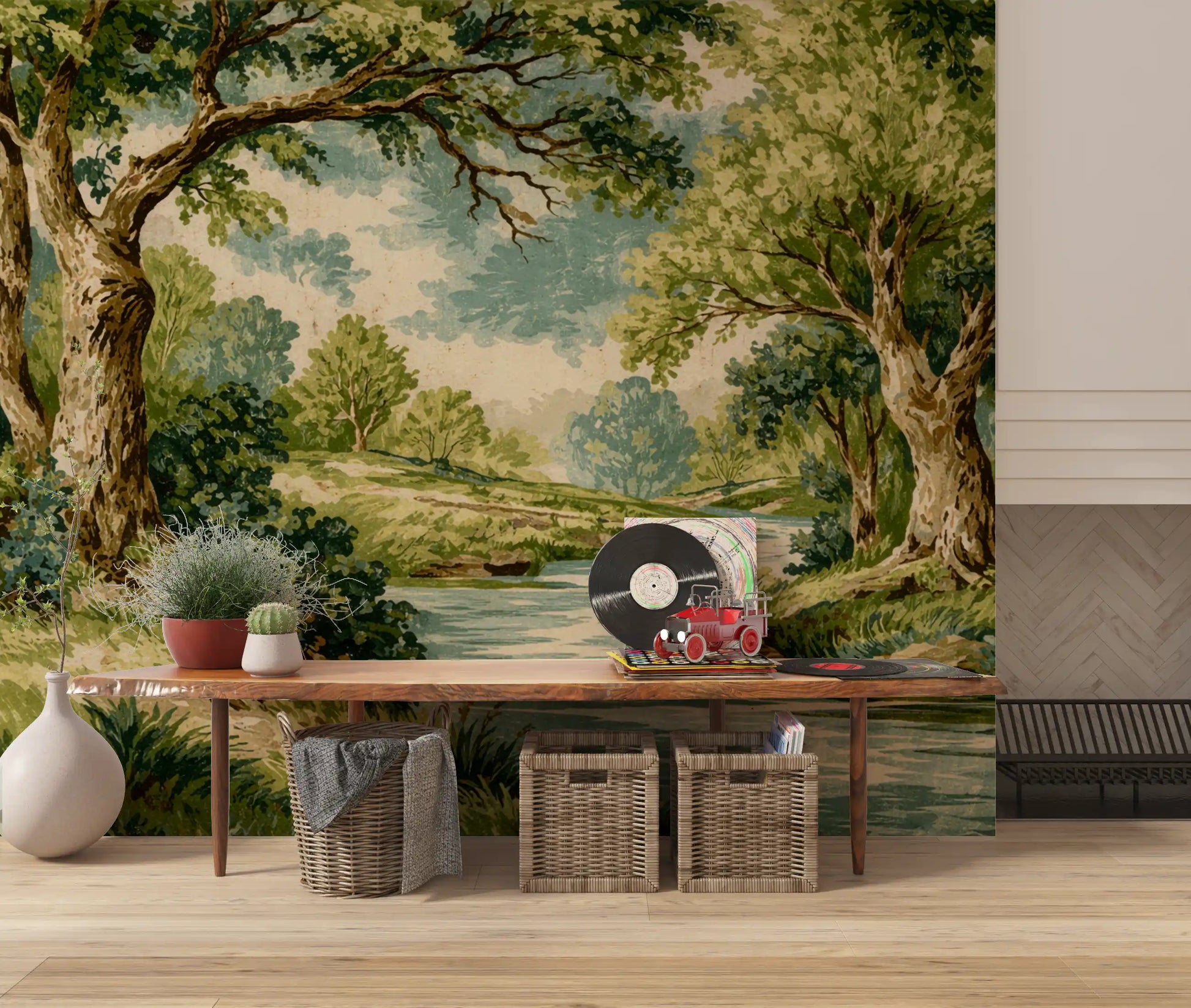 Riverbank wall mural with aged bark, grass, and soft teal reflections