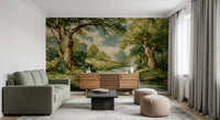 Woodland River Bend Wall Mural with old trunks and reflective stream tones