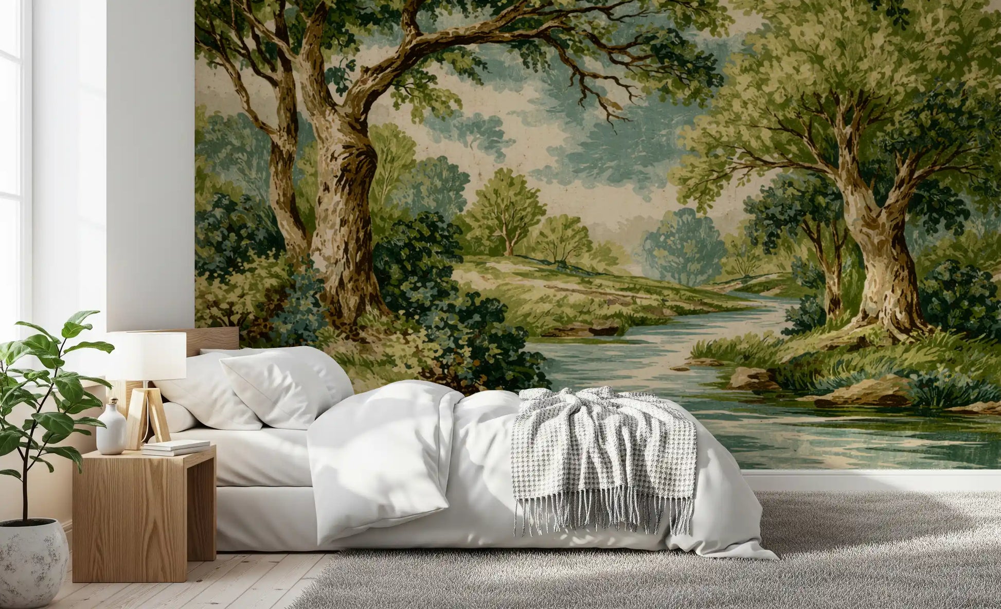 Waterside landscape mural with textured plants and natural scenic balance