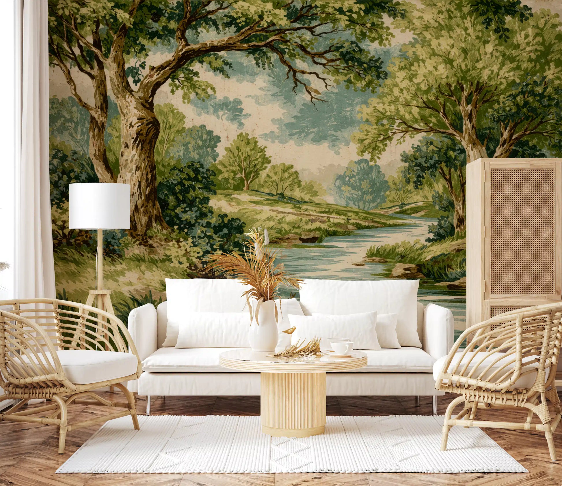 Creek wall mural showing soft banks, overhanging branches, and open water