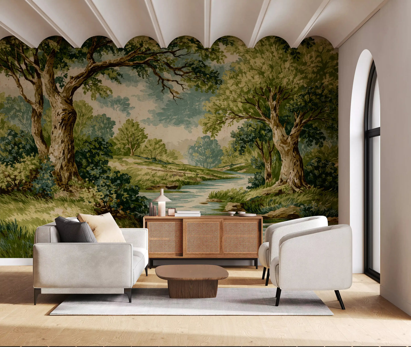 Tree canopy mural featuring quiet water, rocky edges, and outdoor detail
