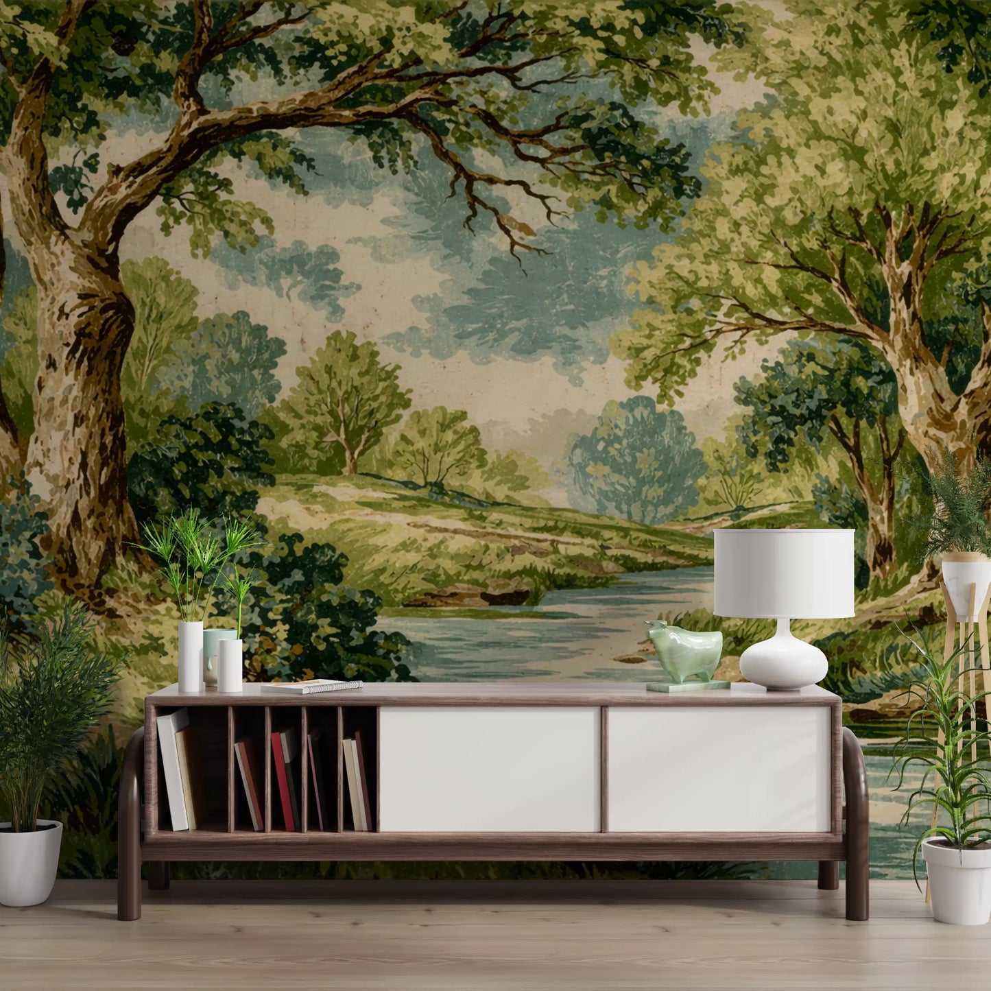 Home with Woodland River Bend Wall Mural and shaded creek detail